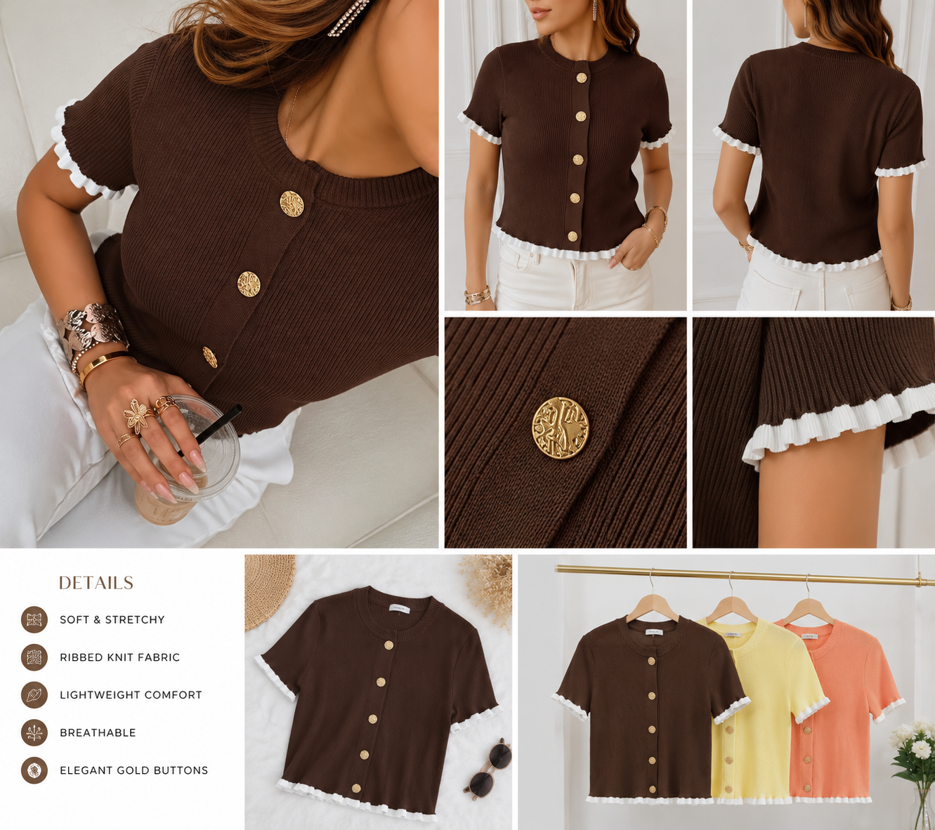 Women’s Ribbed Knit Button-Up Cardigan Top with Gold Buttons