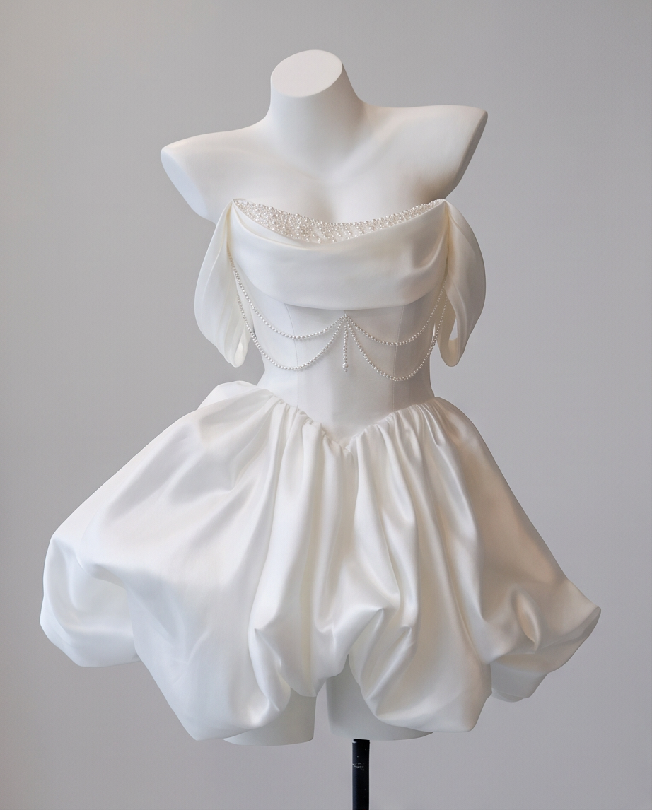 Pearl Draped Mini Wedding Dress