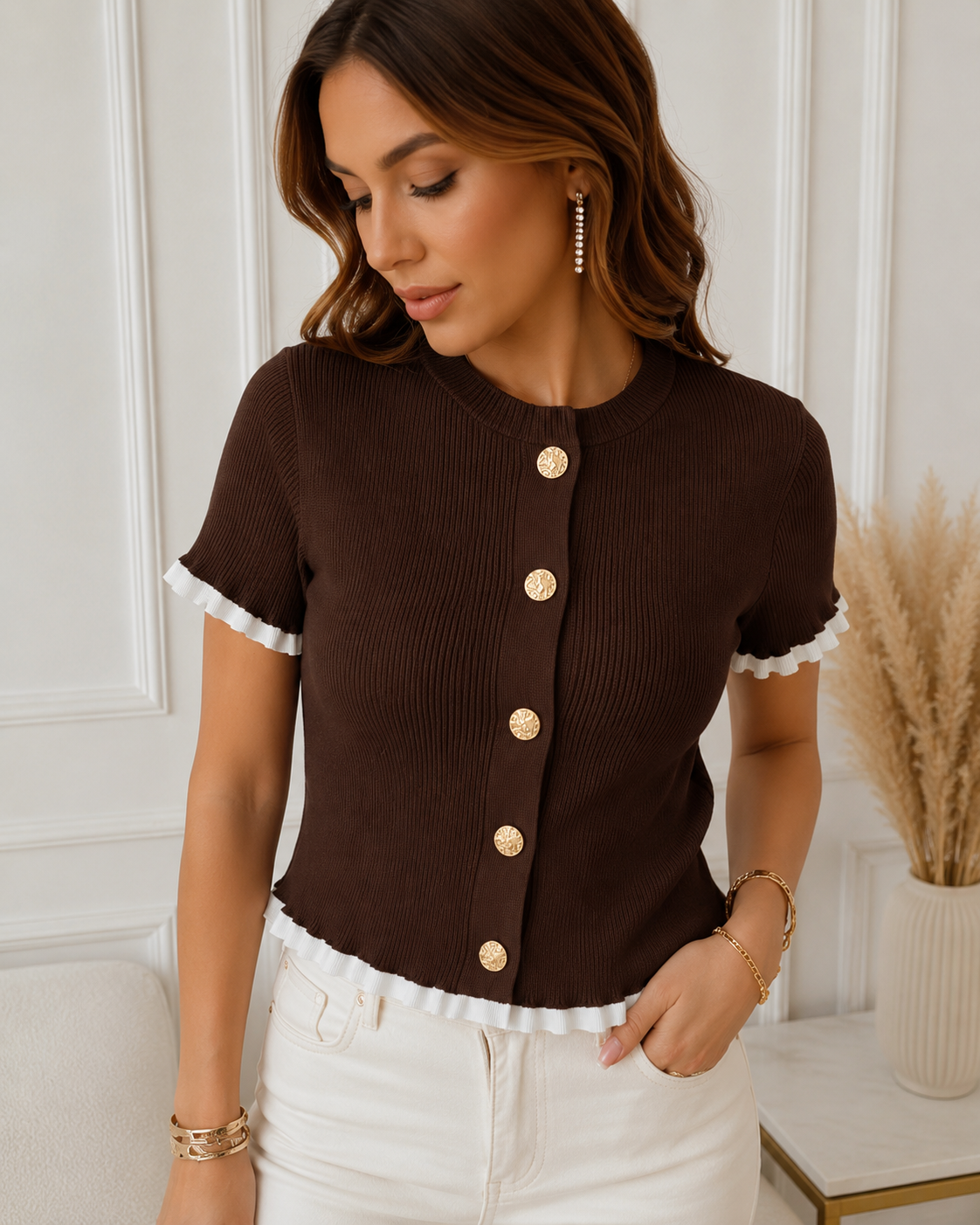 Women’s Ribbed Knit Button-Up Cardigan Top with Gold Buttons