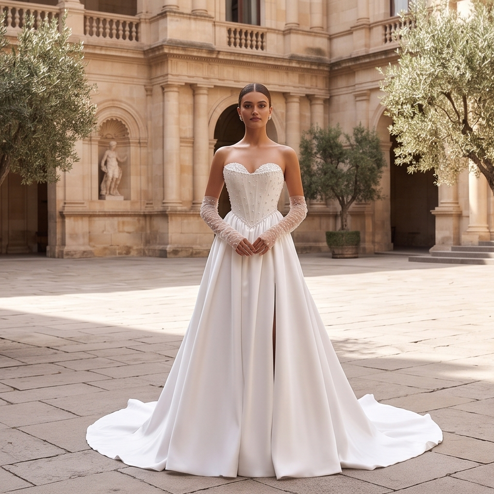 Pearl Embellished Satin Wedding Gown