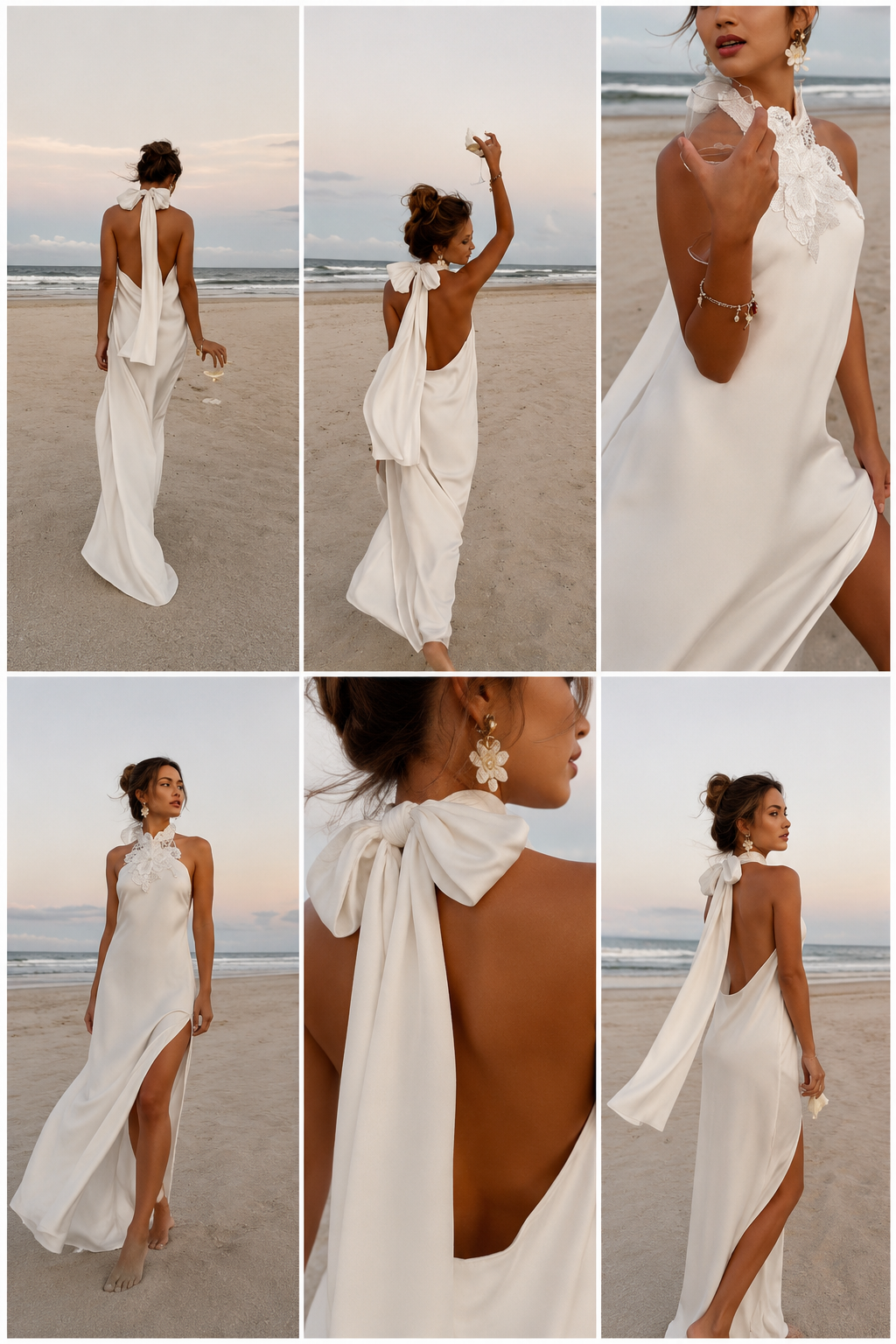 Ivory Satin Halter Wedding Dress with Floral Lace Neckline