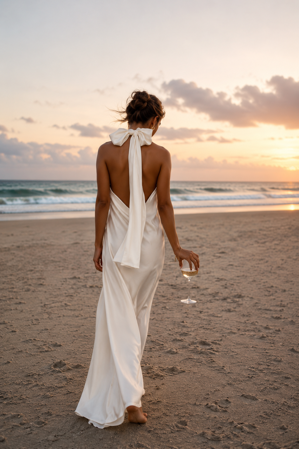 Ivory Satin Halter Wedding Dress with Floral Lace Neckline
