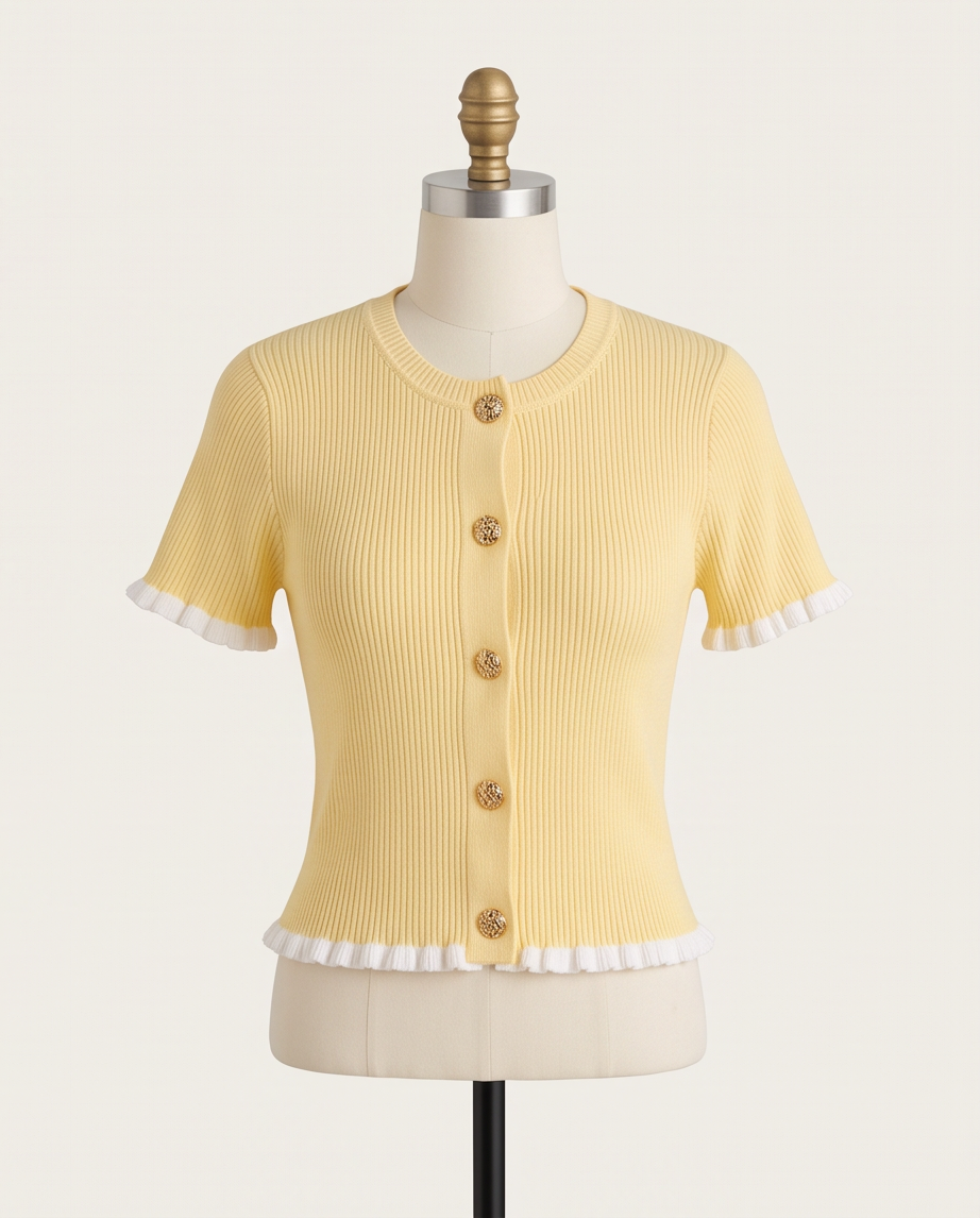 Women’s Ribbed Knit Button-Up Cardigan Top with Gold Buttons