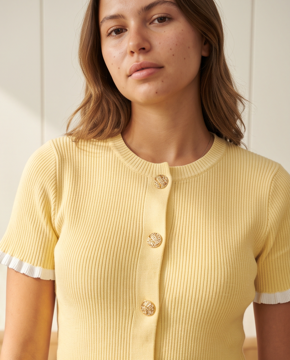 Women’s Ribbed Knit Button-Up Cardigan Top with Gold Buttons