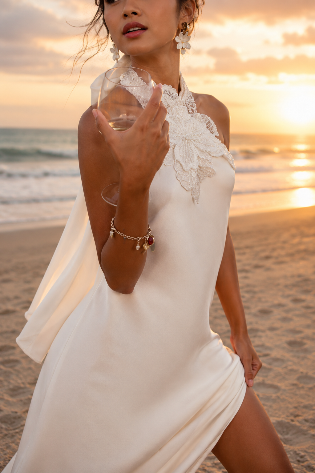 Ivory Satin Halter Wedding Dress with Floral Lace Neckline