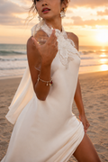 Ivory Satin Halter Wedding Dress with Floral Lace Neckline