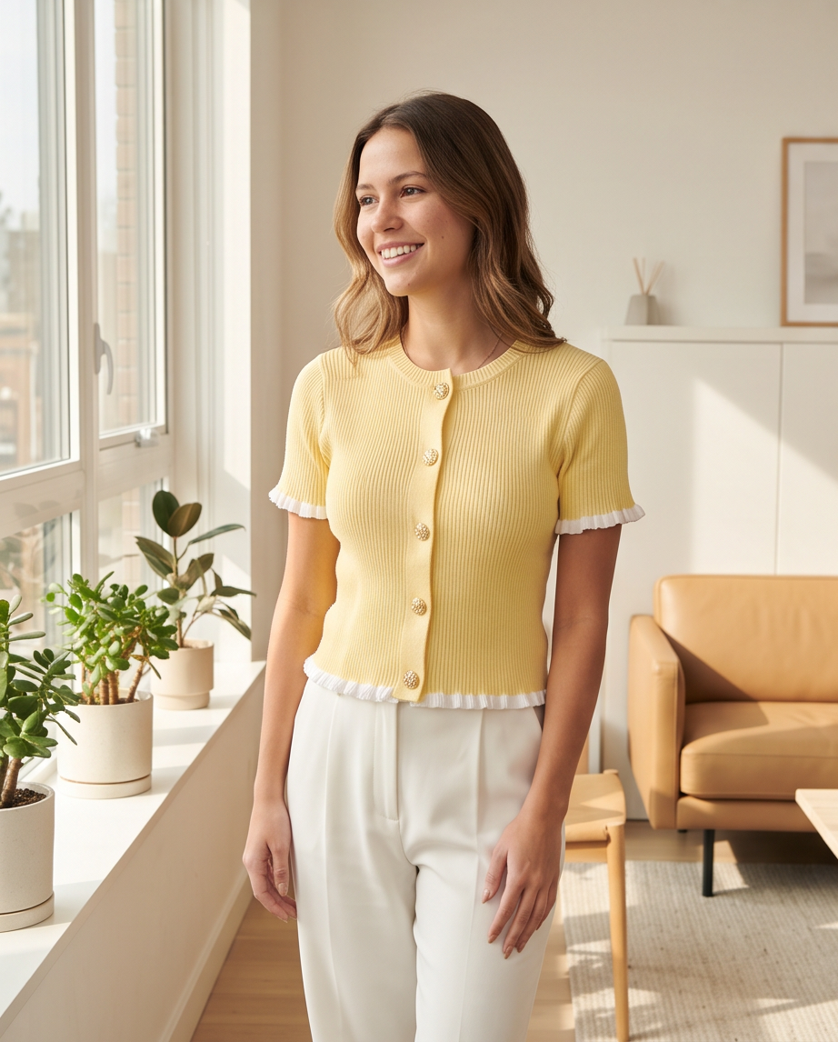 Women’s Ribbed Knit Button-Up Cardigan Top with Gold Buttons