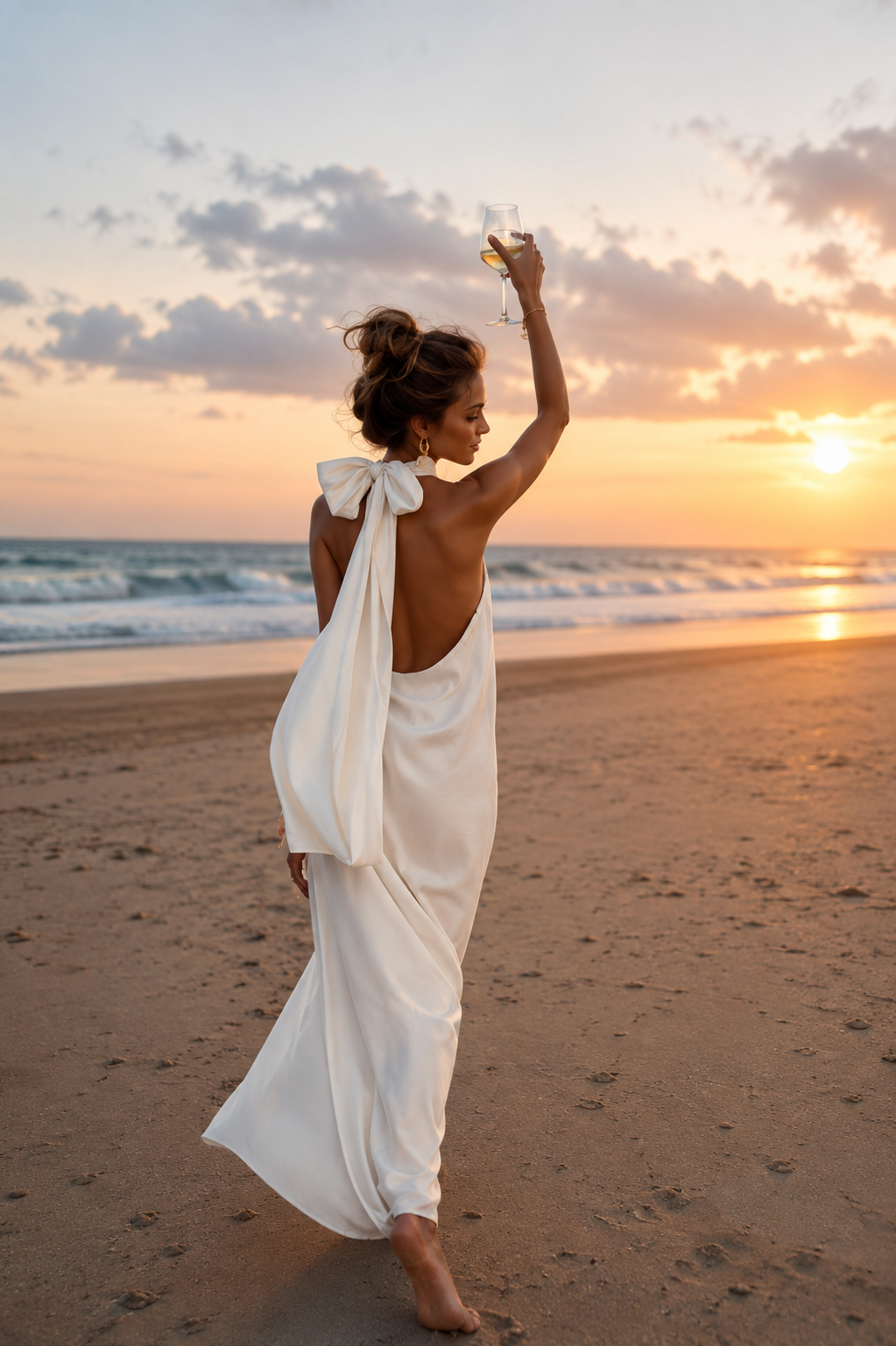 Ivory Satin Halter Wedding Dress with Floral Lace Neckline