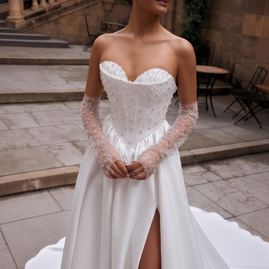Pearl Embellished Satin Wedding Gown