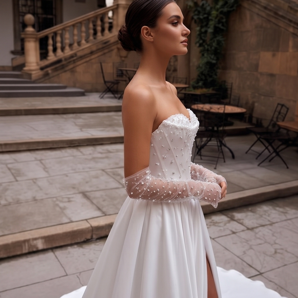 Pearl Embellished Satin Wedding Gown
