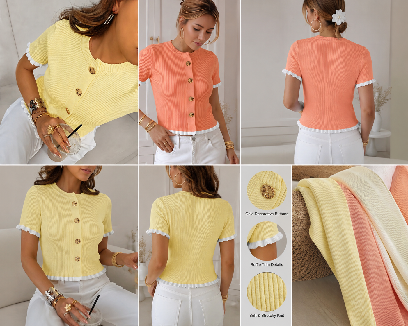 Women’s Ribbed Knit Button-Up Cardigan Top with Gold Buttons