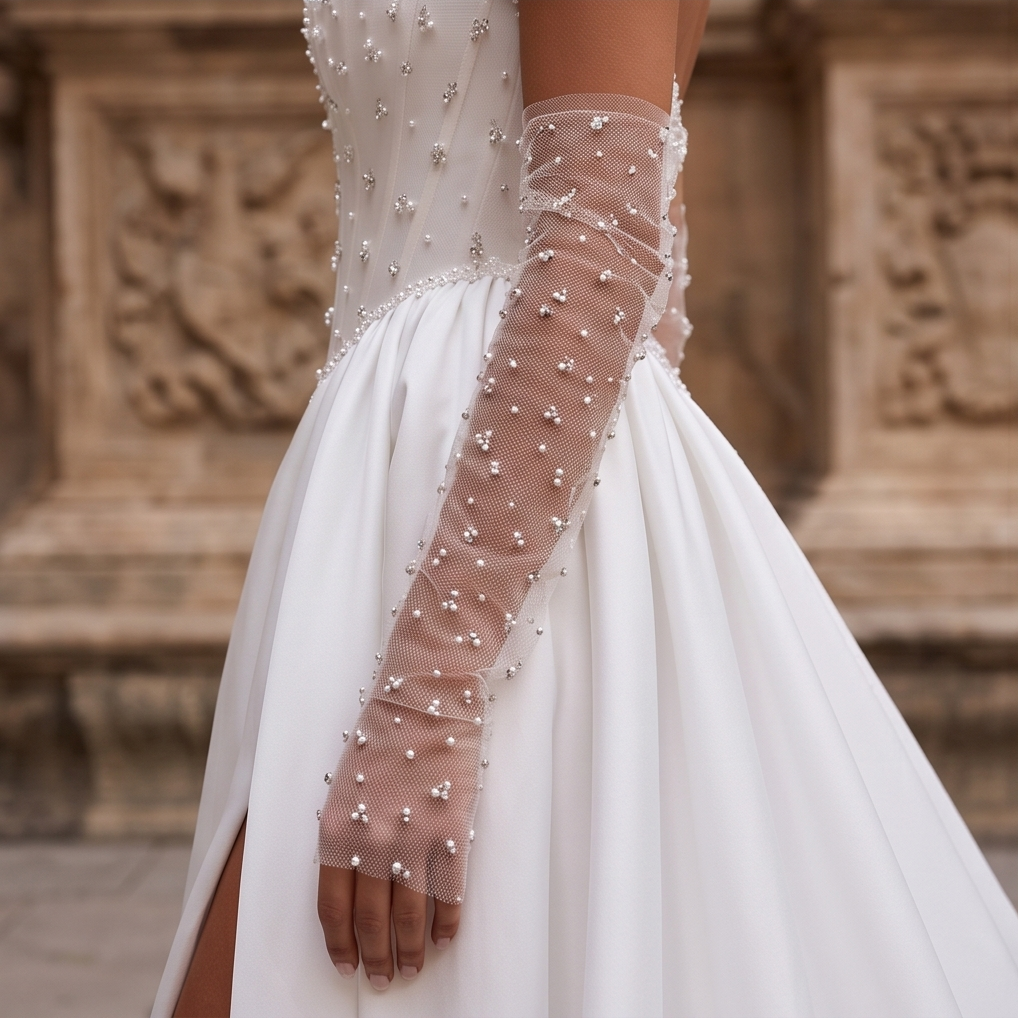 Pearl Embellished Satin Wedding Gown